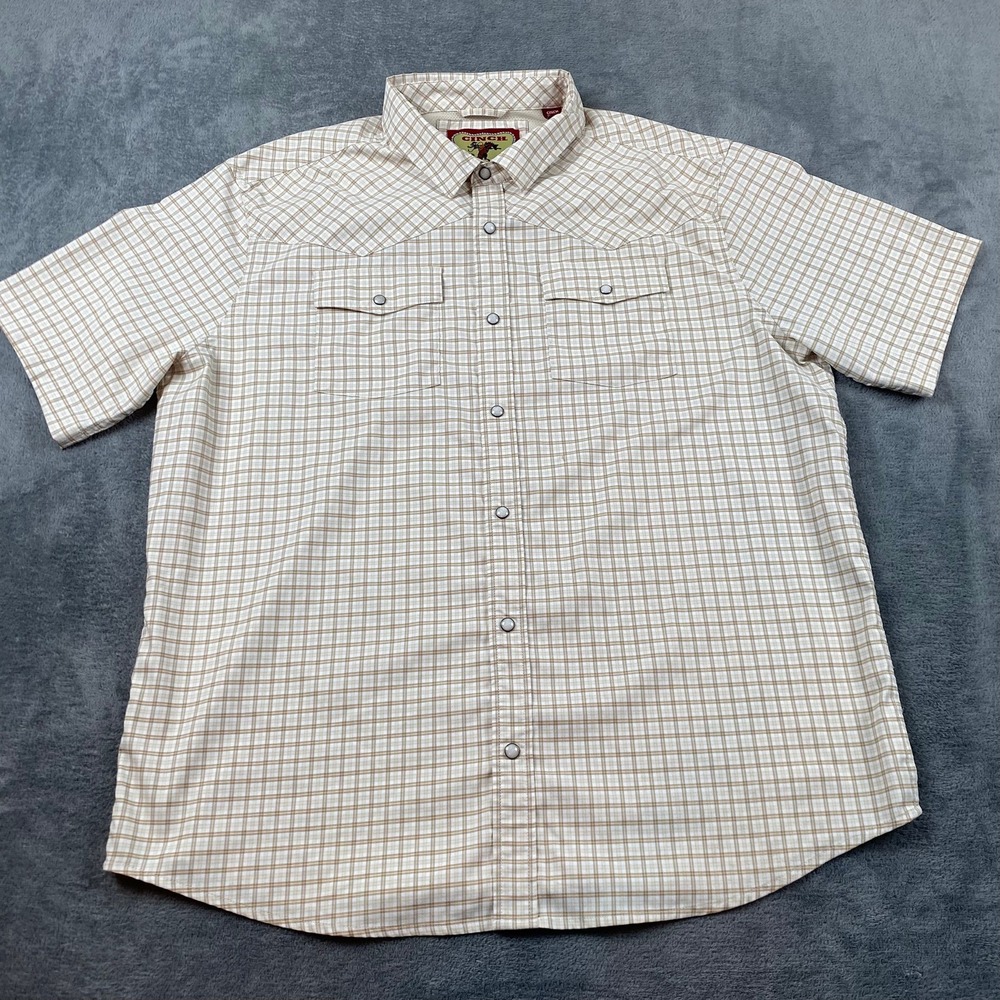 Cinch Mens XL Short Sleeve Western Pearl Snap Shirt Tan Plaid Rodeo Farm Work